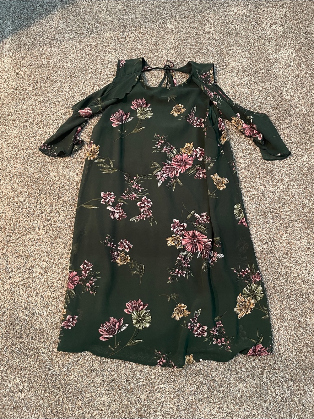 Dark Green Floral Cold-Shoulder Dress